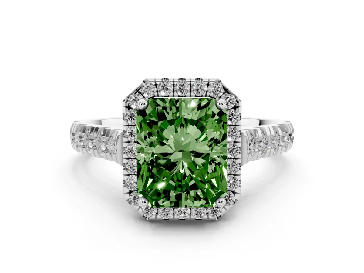 Fancy Green Radiant Cut Halo Pavé Diamond Engagement Ring with Four-Prong Setting Platinum