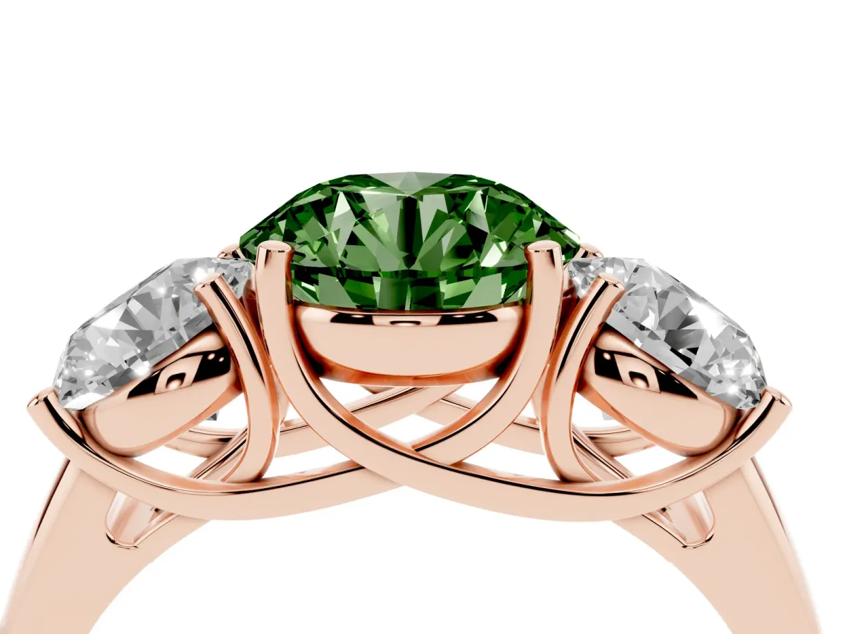 Fancy Green Three-Stone Round Cut Diamond Engagement Ring with Prong Setting Rose gold