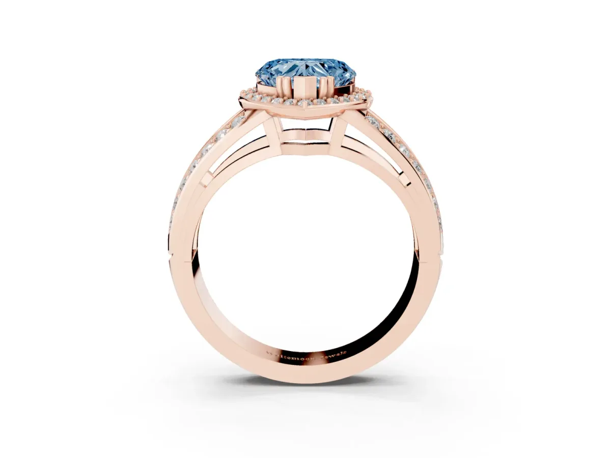Fancy Blue Heart Cut Diamond Halo Ring with Split Shank Pavé Band and Four-Prong Setting Rose gold