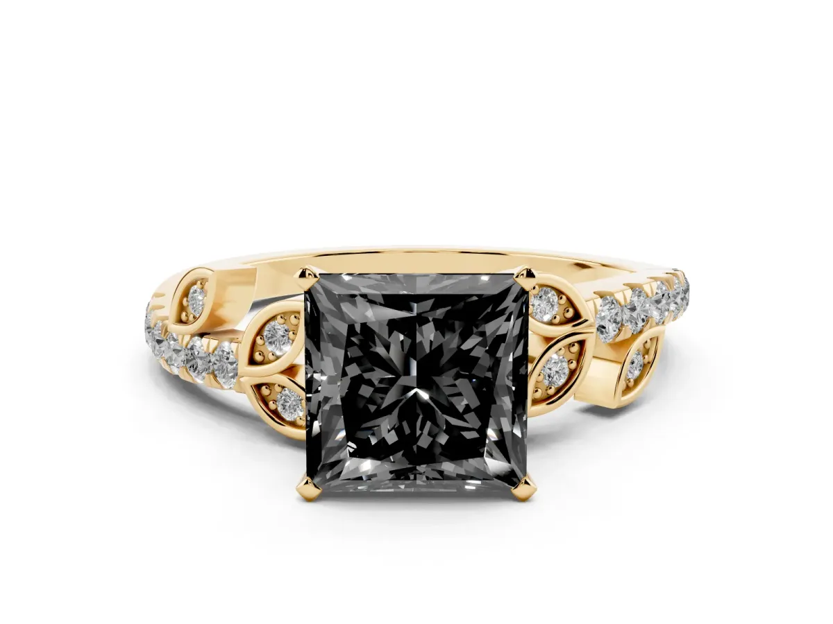 Fancy Black Princess Cut Solitaire Leaf-Inspired Diamond Ring with Pavé Band and Four-Prong Setting Yellow gold