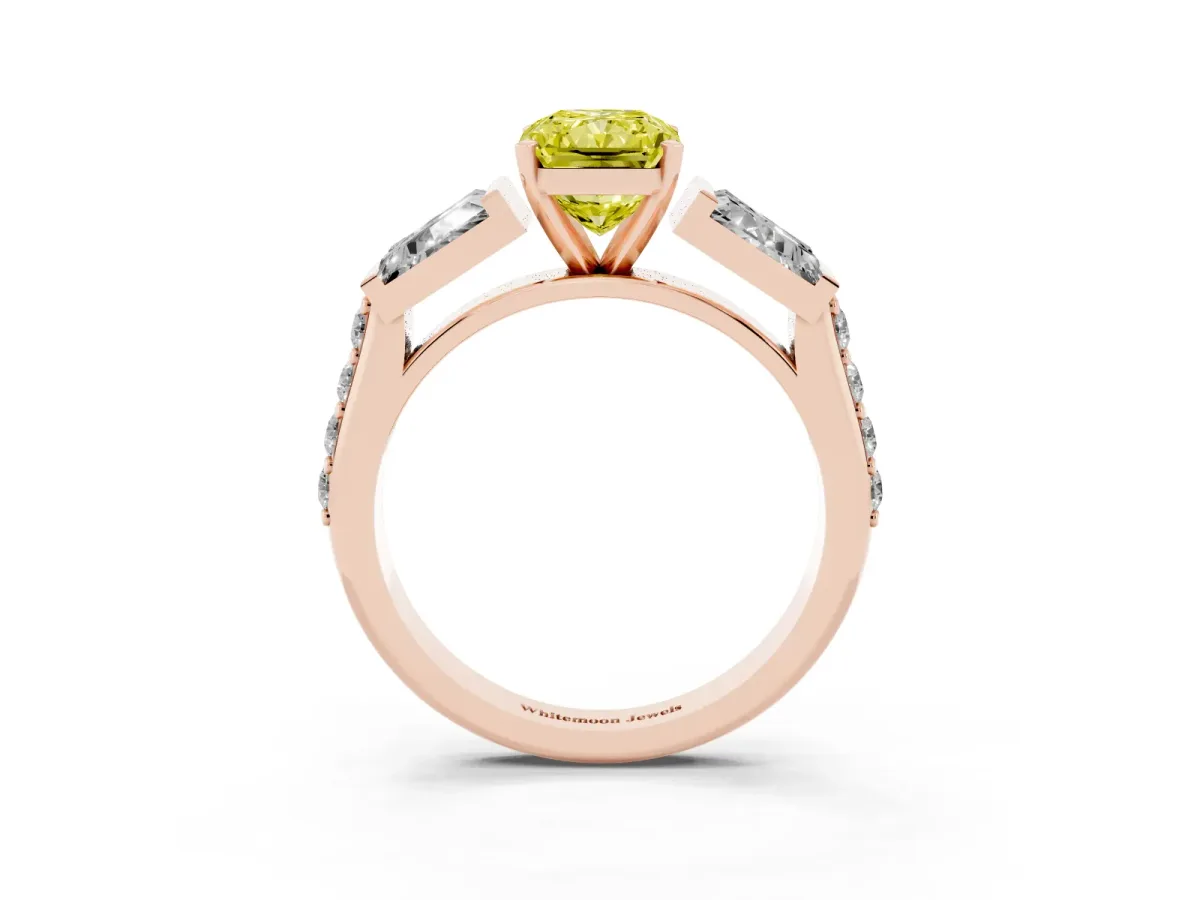 Fancy Yellow Radiant Cut Diamond Engagement Ring with Baguette Side Stones and Channel Set Band Rose gold