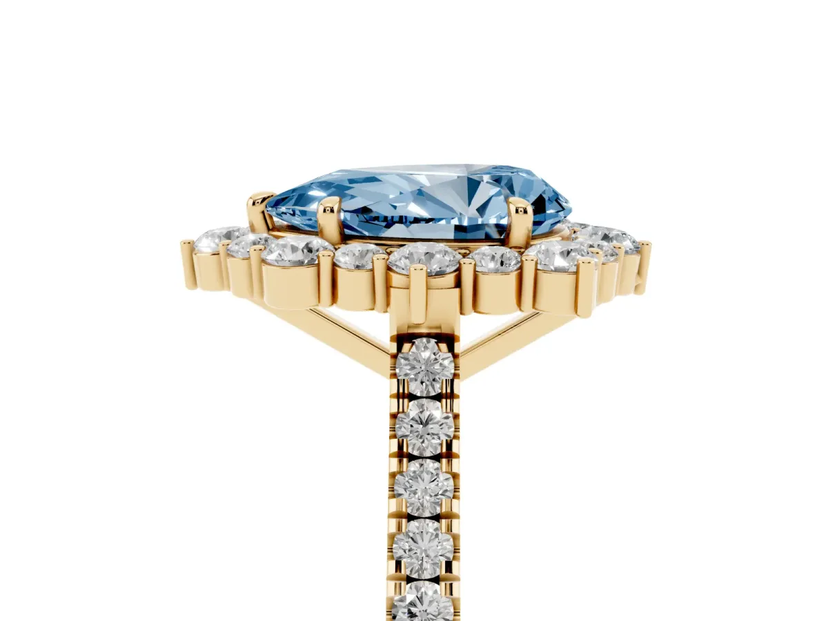 Fancy Blue Pear Cut Halo Diamond Ring with Pavé Band and Prong Setting Yellow gold