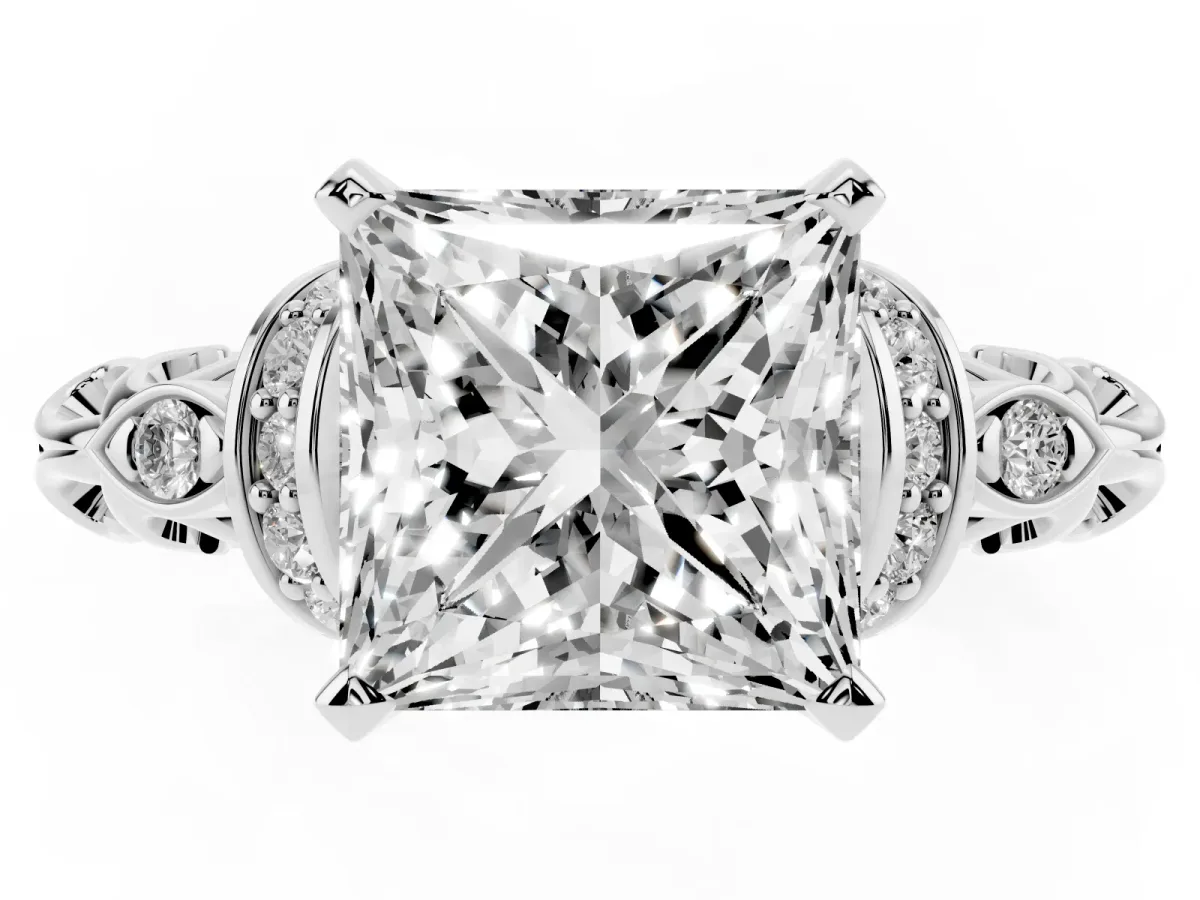 Princess Cut Diamond Solitaire Ring with Filigree Band and Four-Prong Setting Silver