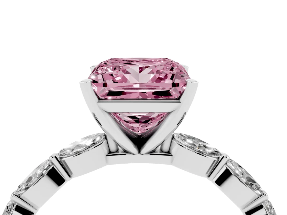 Fancy Pink Princess Cut Diamond Ring with Marquise Side Stones and Prong Setting Platinum