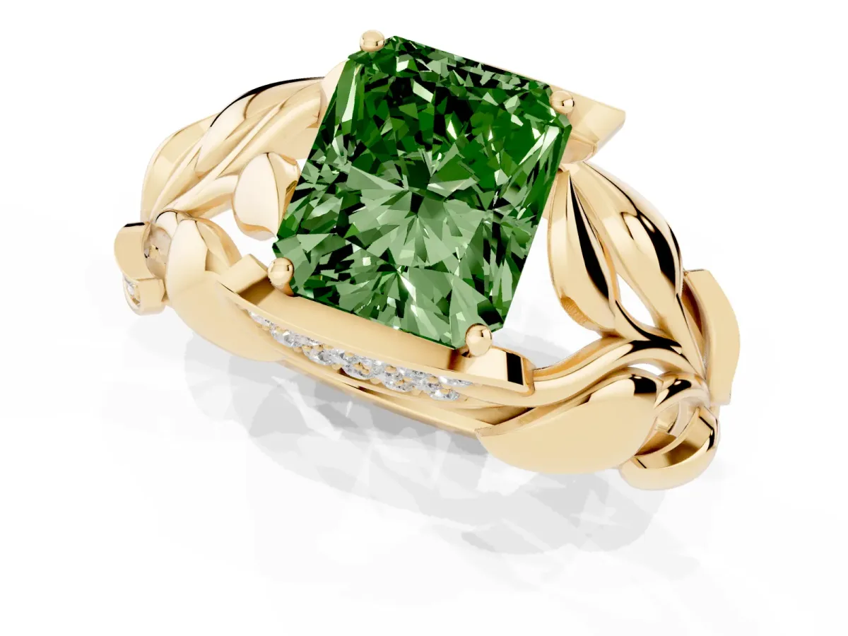 Fancy Green Radiant Cut Diamond Leaf-Inspired Engagement Ring with Round Accents and Prong Setting Yellow gold