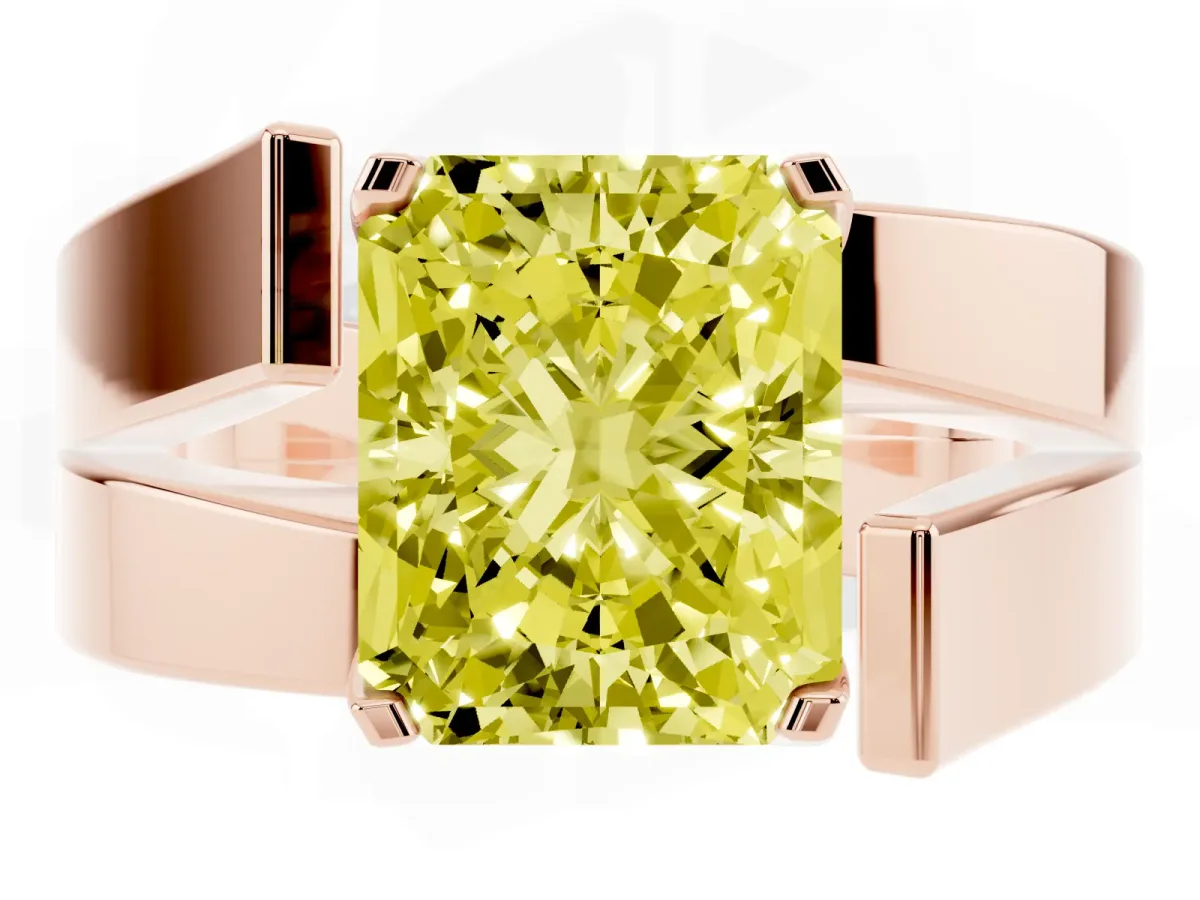 Fancy Yellow Modern Tension Set Radiant Cut Diamond Solitaire Wide Band Ring Rose gold