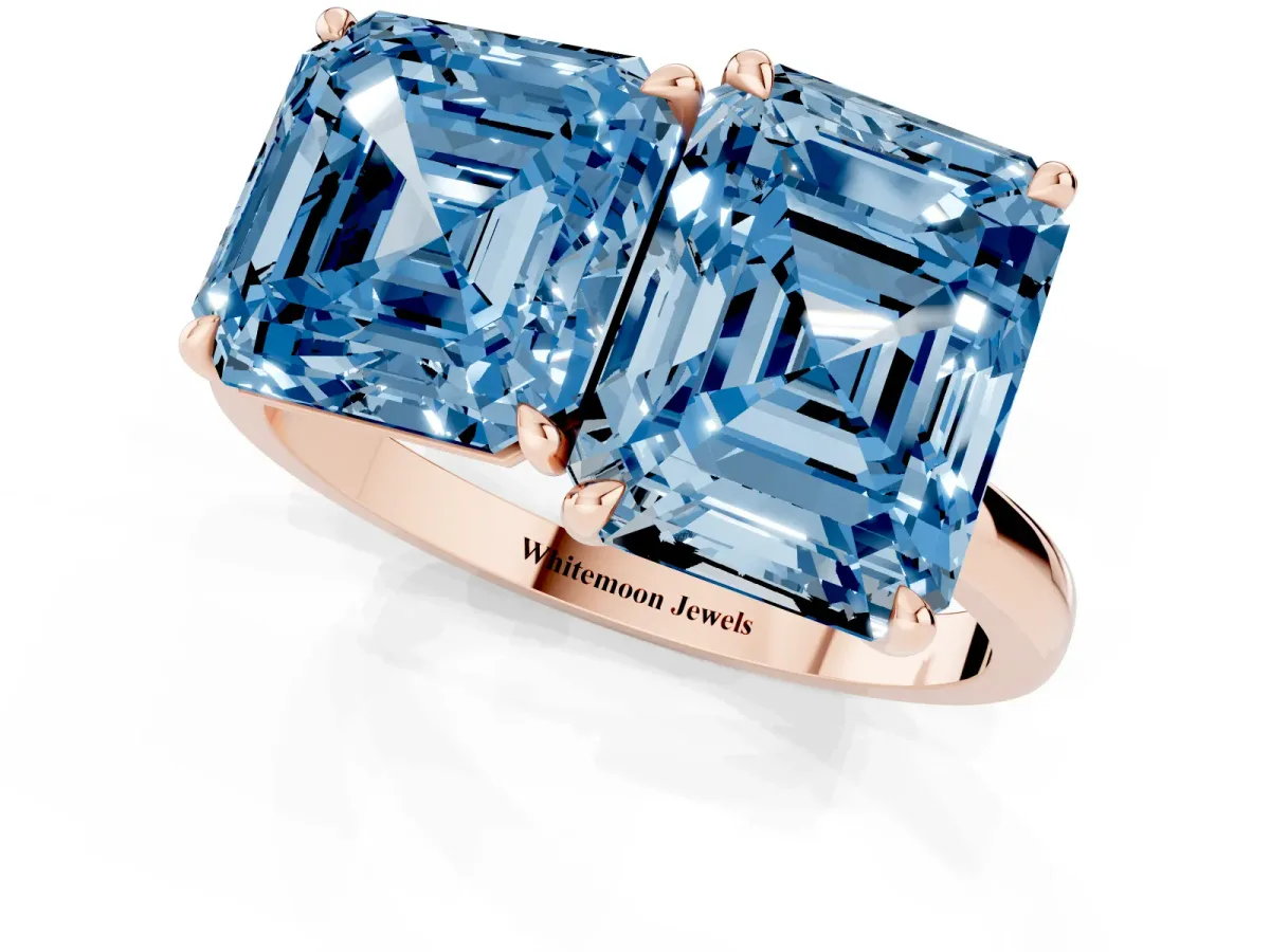 Fancy Blue Asscher Cut and Emerald Cut Toi Moi Ring with Prong Setting Rose gold