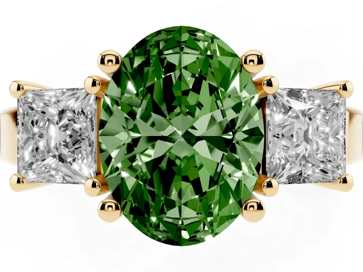 Fancy Green Three-Stone Oval Cut Cut Solitaire Ring with Prong Setting Yellow gold