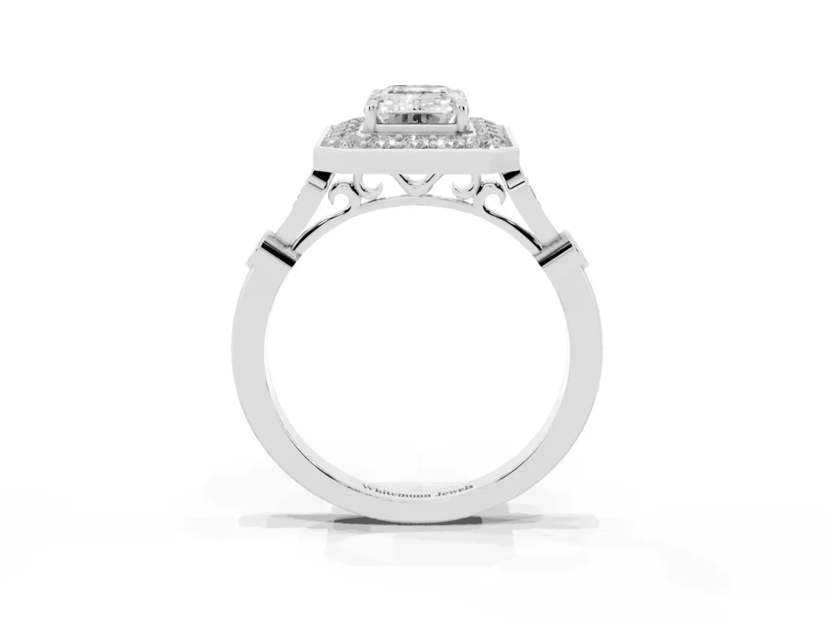 Emerald Cut Halo Diamond Engagement Ring with Twisted Band and Four-Prong Setting Silver