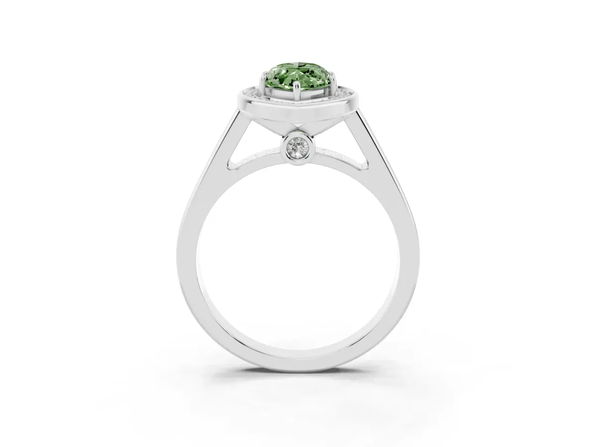Fancy Green Marquise Cut Halo Solitaire Diamond Ring with Pave Band and Bezel Setting Silver
