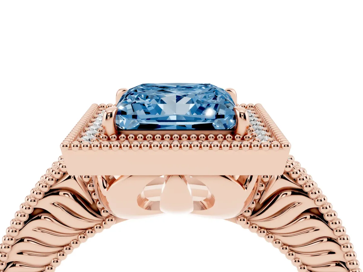 Fancy Blue Princess Cut Cut Halo Diamond Ring with Pavé Band and Four-Prong Setting Rose gold