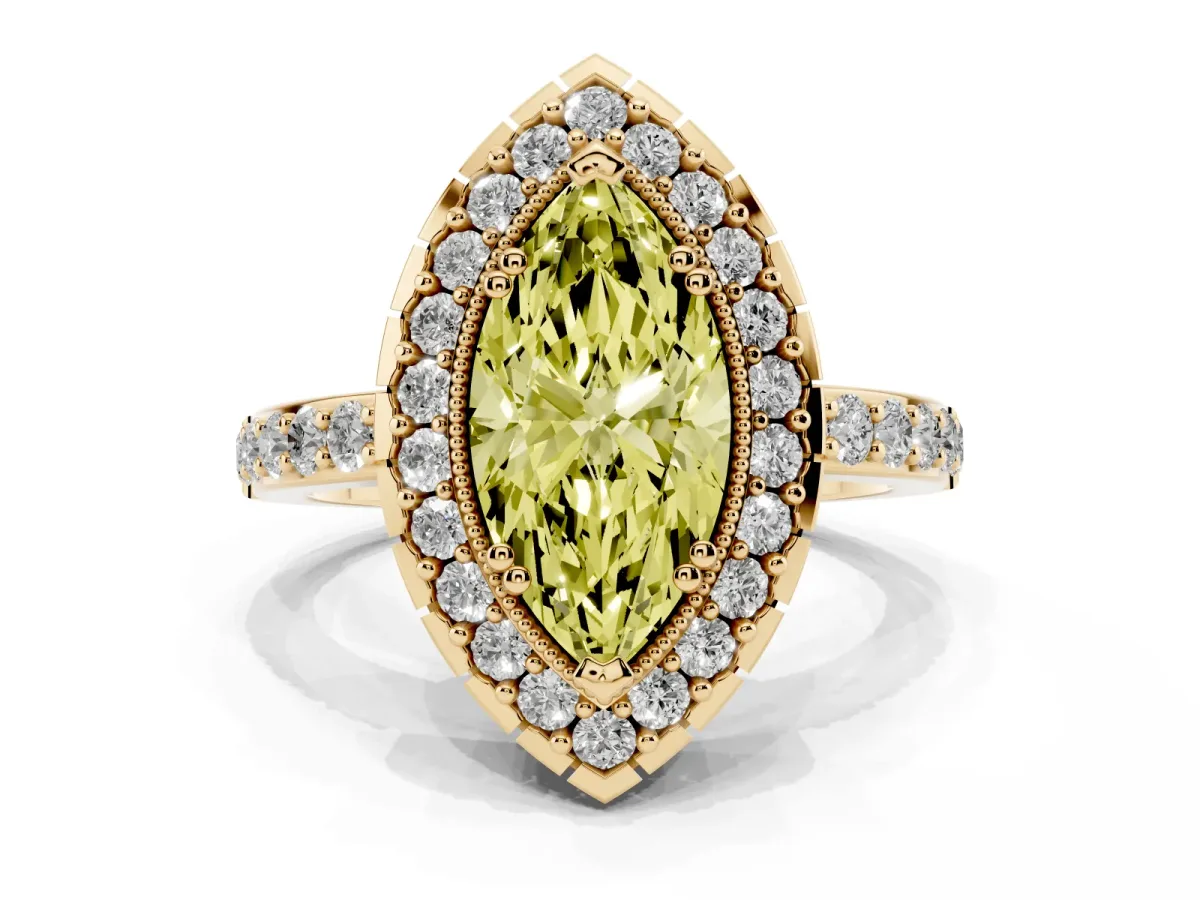 Fancy Yellow Marquise Cut Diamond Halo Ring with Pavé Band and Prong Setting Yellow gold