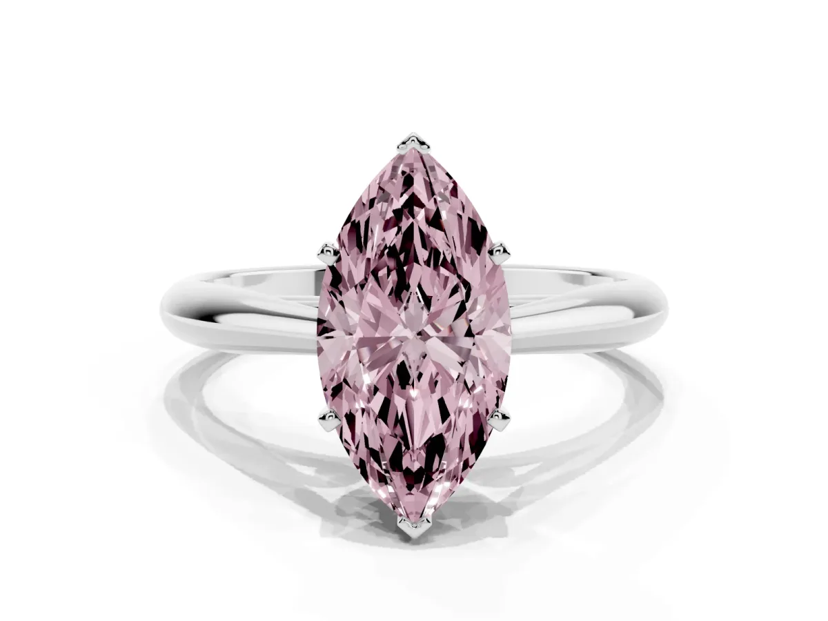 Fancy Pink Marquise Cut Diamond Solitaire Engagement Ring with Cathedral Setting and Four-Prong Mount Silver
