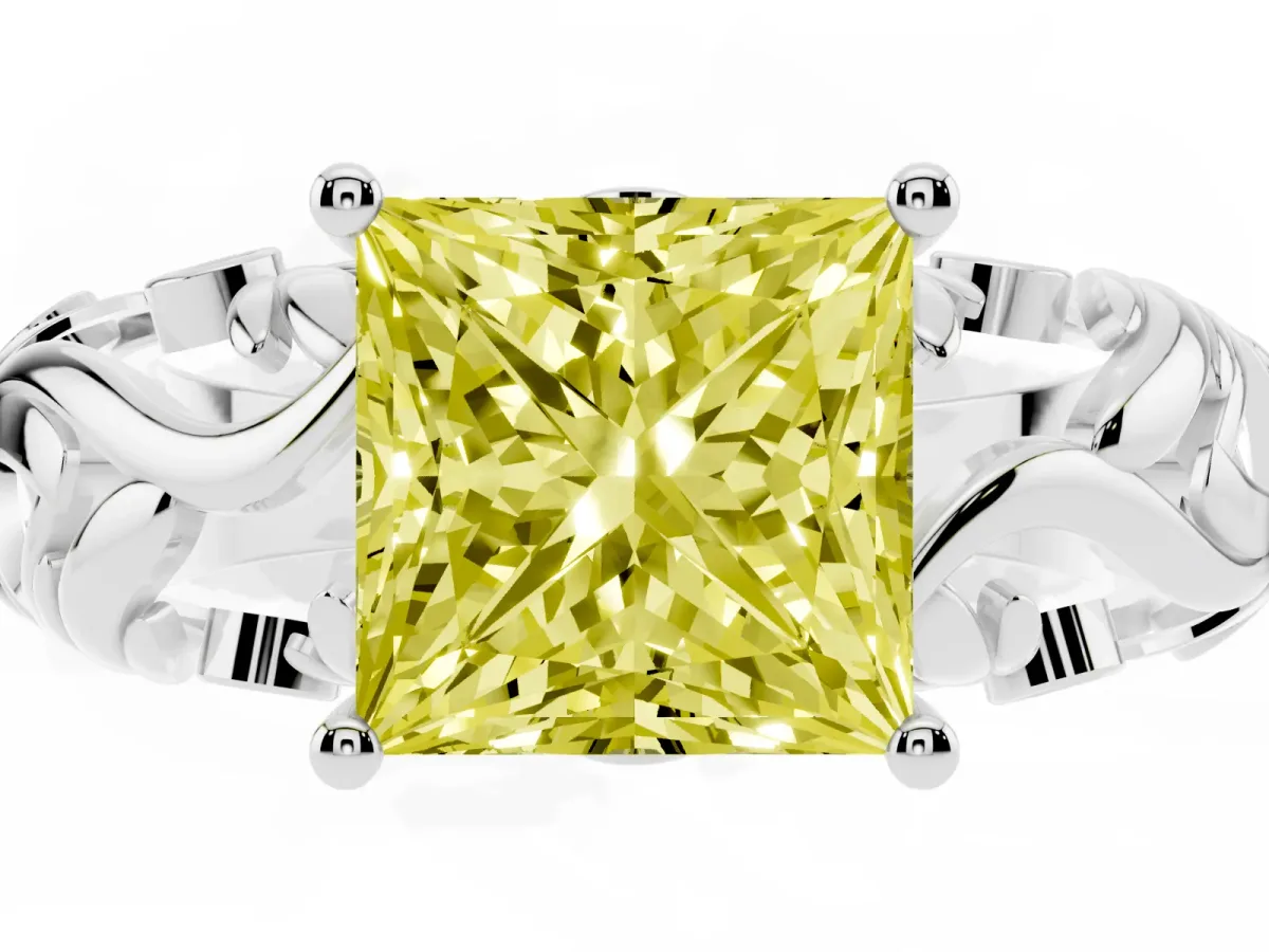 Fancy Yellow Princess Cut Solitaire Diamond Leaf-Inspired Vine Band Ring with Prong Setting Platinum