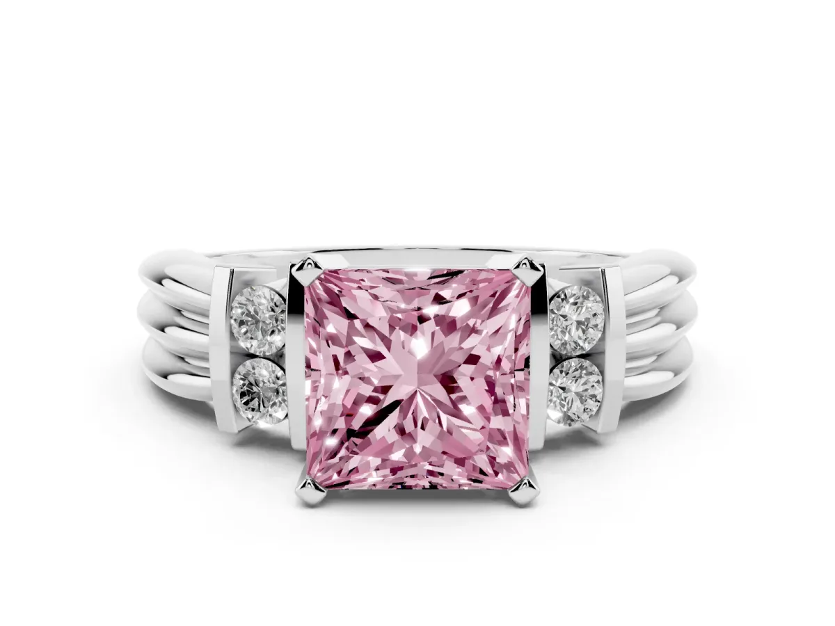 Fancy Pink Princess Cut Cut Three-Stone Channel Set Ring with Bar Prongs Silver