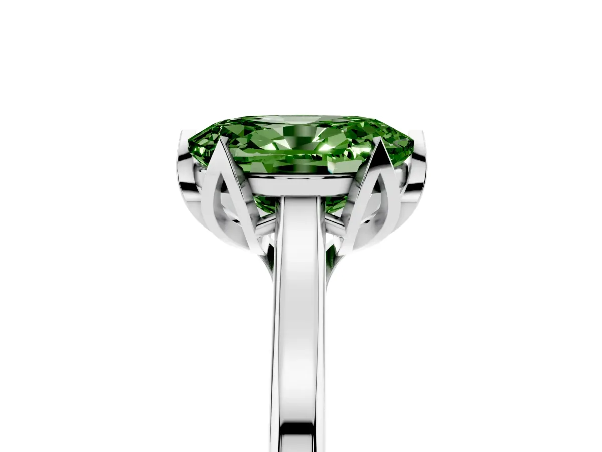 Fancy Green Oval Cut Diamond Solitaire Ring with Flower Prong Setting and Classic Band Silver