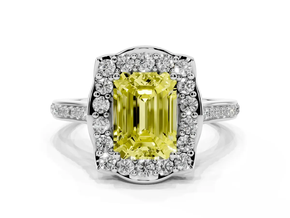 Fancy Yellow Emerald Cut Halo Round Diamond Pave Band with Four-Prong Setting Silver