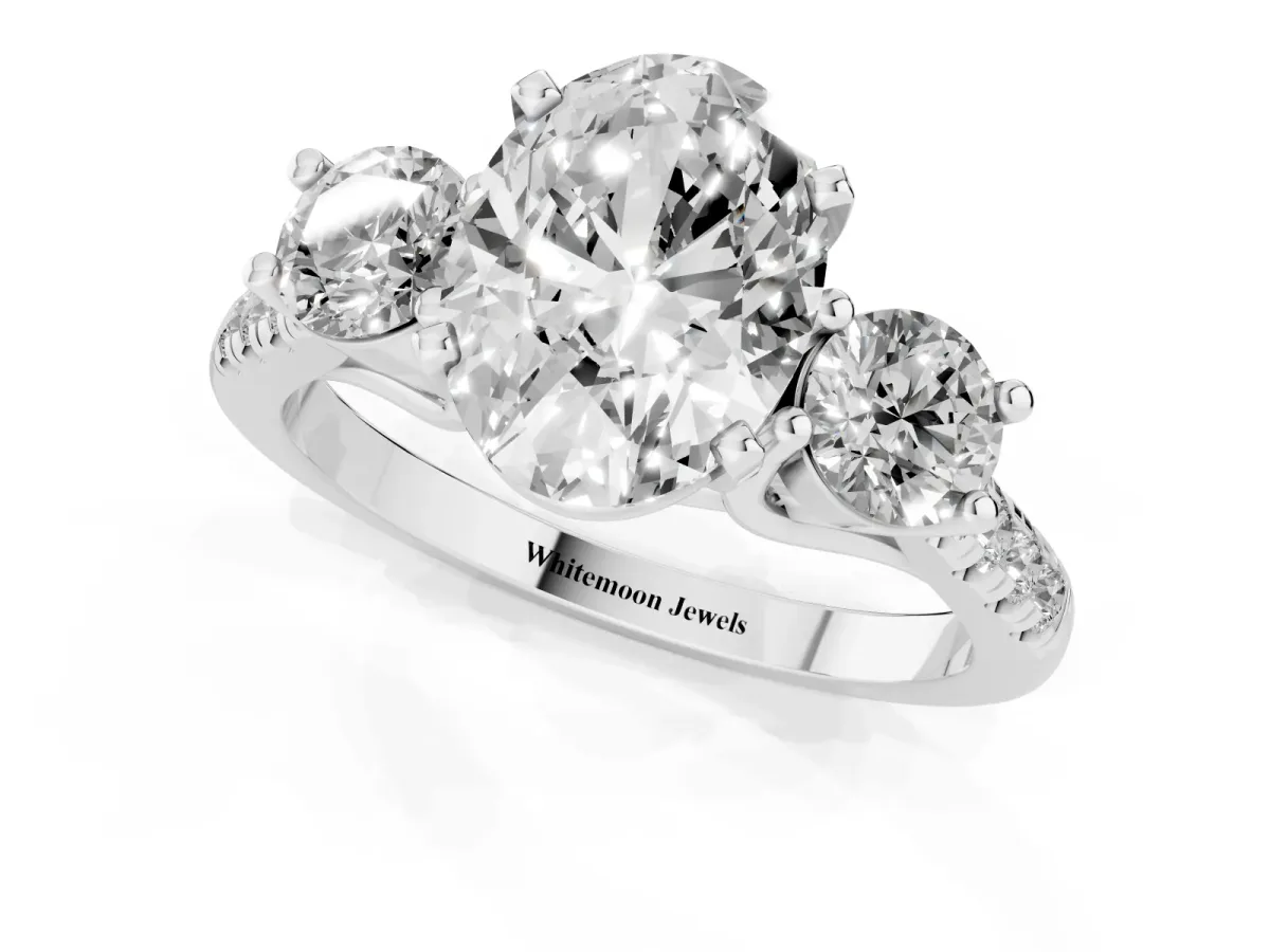Three-Stone Oval Cut Diamond Pavé Band with Four-Prong Setting Silver