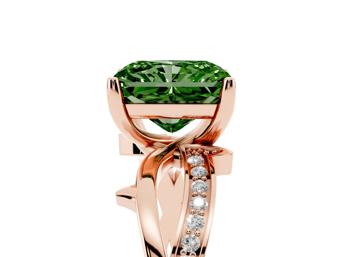Fancy Green Radiant Cut Solitaire Twist Band with Pavé Accents and Four-Prong Setting Rose gold