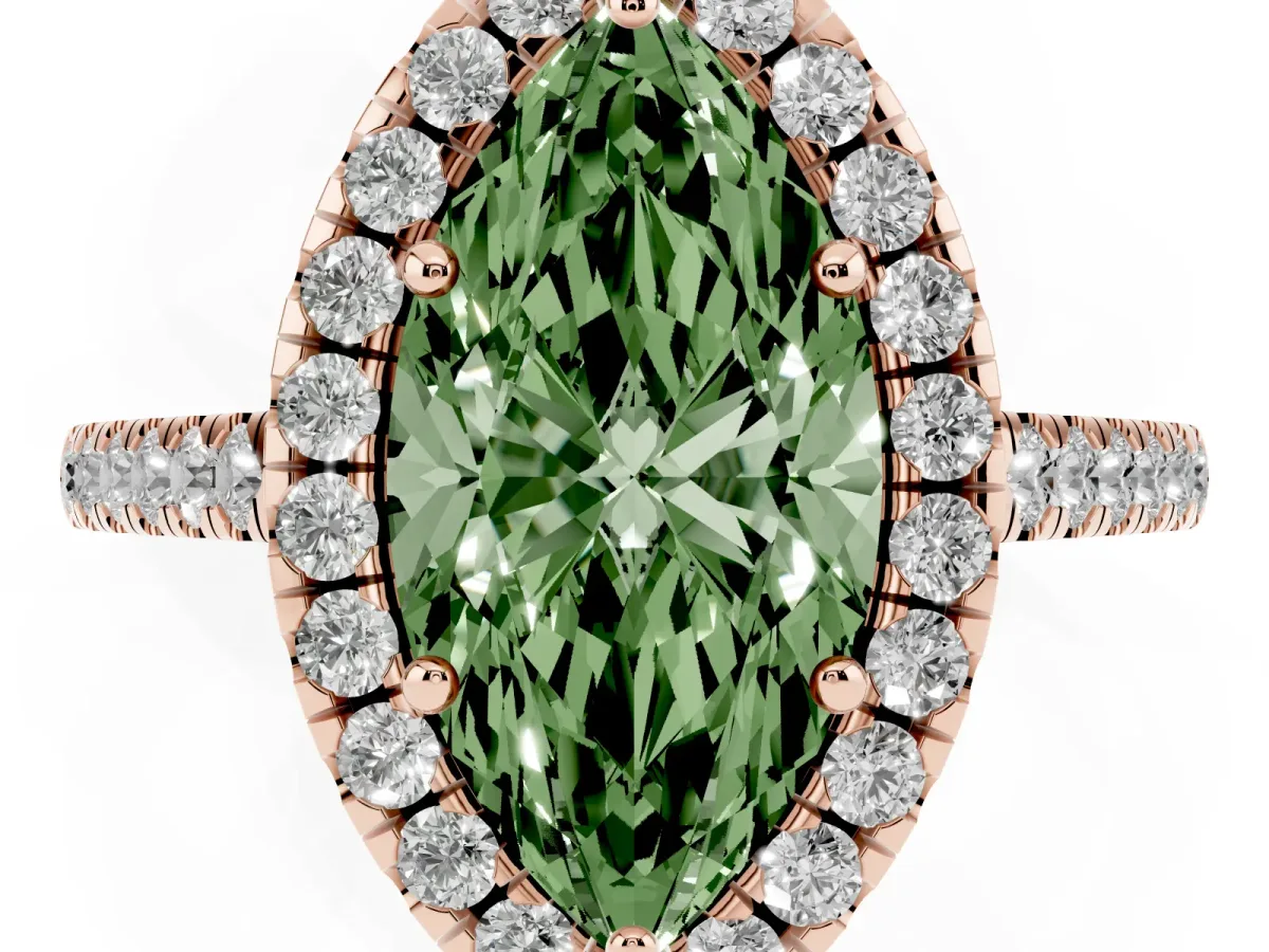 Fancy Green Marquise Cut Halo Pavé Diamond Engagement Ring with Four-Prong Setting Rose gold