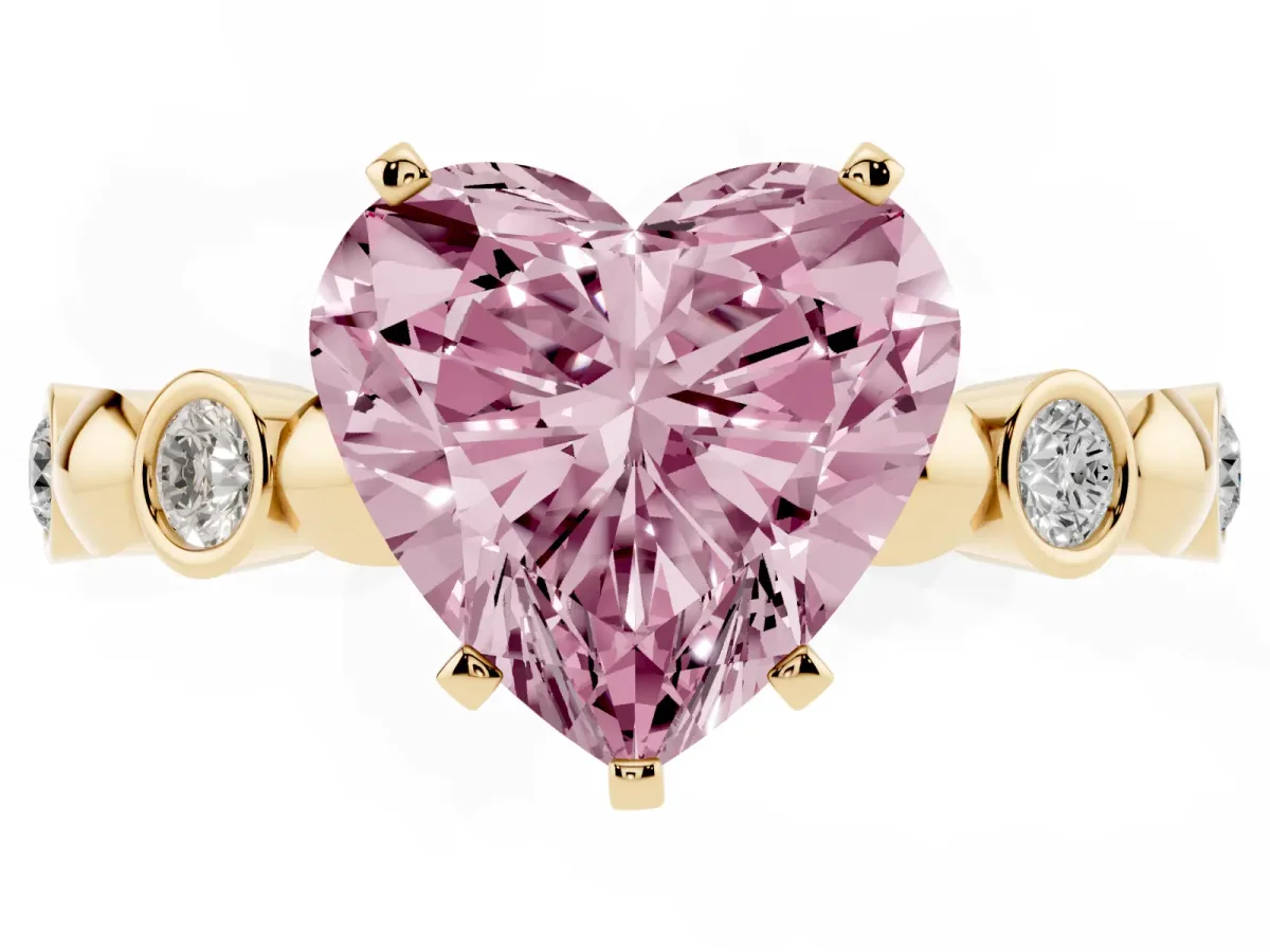 Fancy Pink Heart Cut Solitaire Bezel-Set Diamond Ring with Beaded Band and Four-Prong Setting Yellow gold