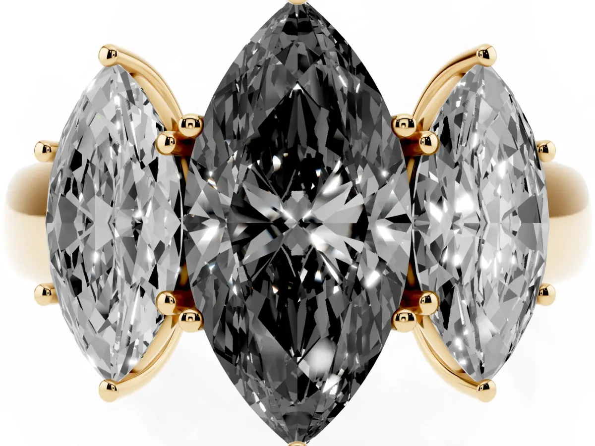 Fancy Black Three-Stone Marquise Cut Cut Diamond Ring with Prong Setting and Classic Band Yellow gold
