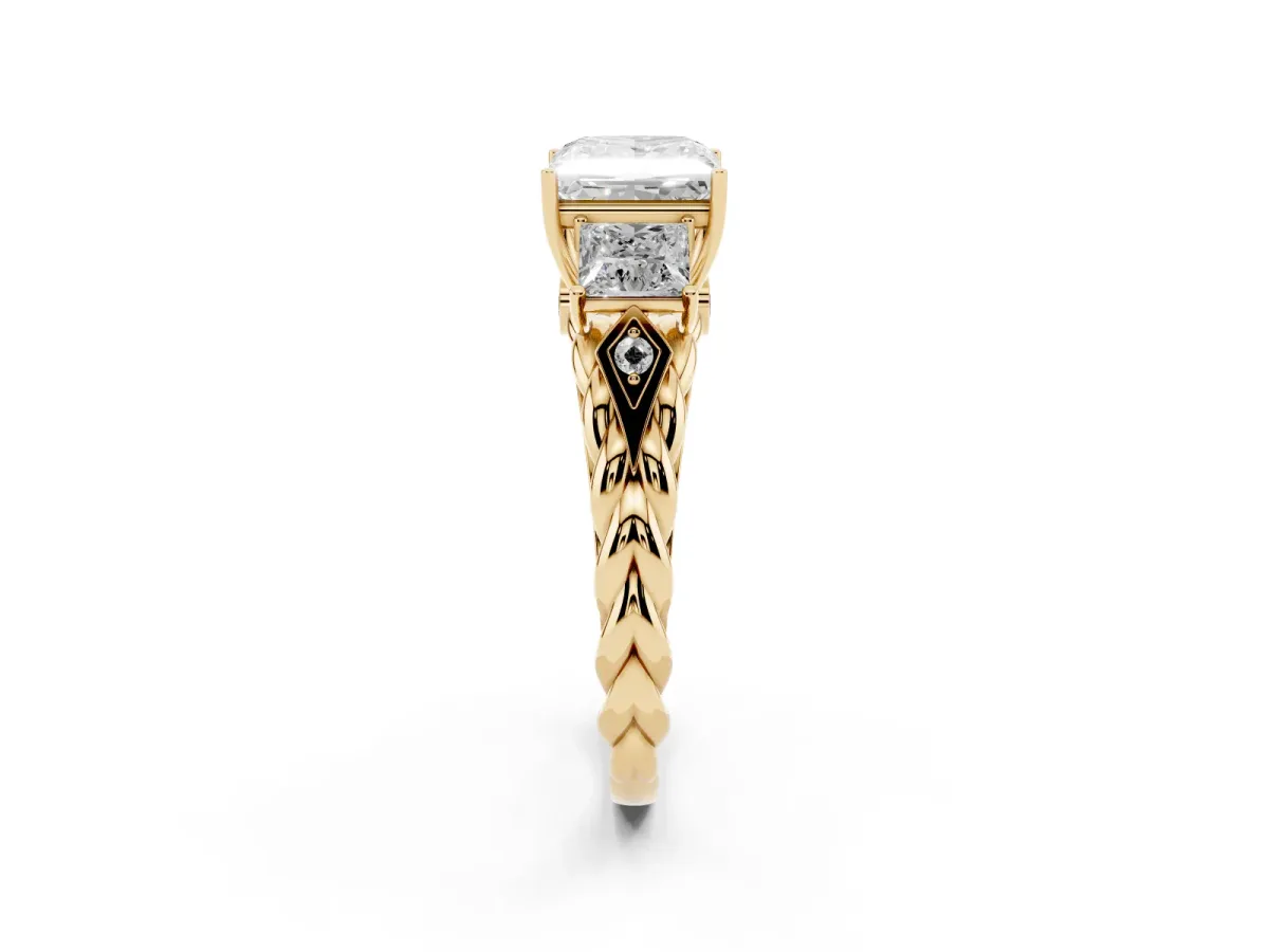 Three-Stone Princess Cut Diamond Braided Band Ring with Four-Prong Setting Yellow gold
