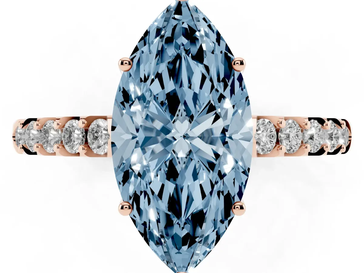 Fancy Blue Marquise Cut Solitaire Diamond Engagement Ring with Pavé Band and Six-Prong Setting Rose gold