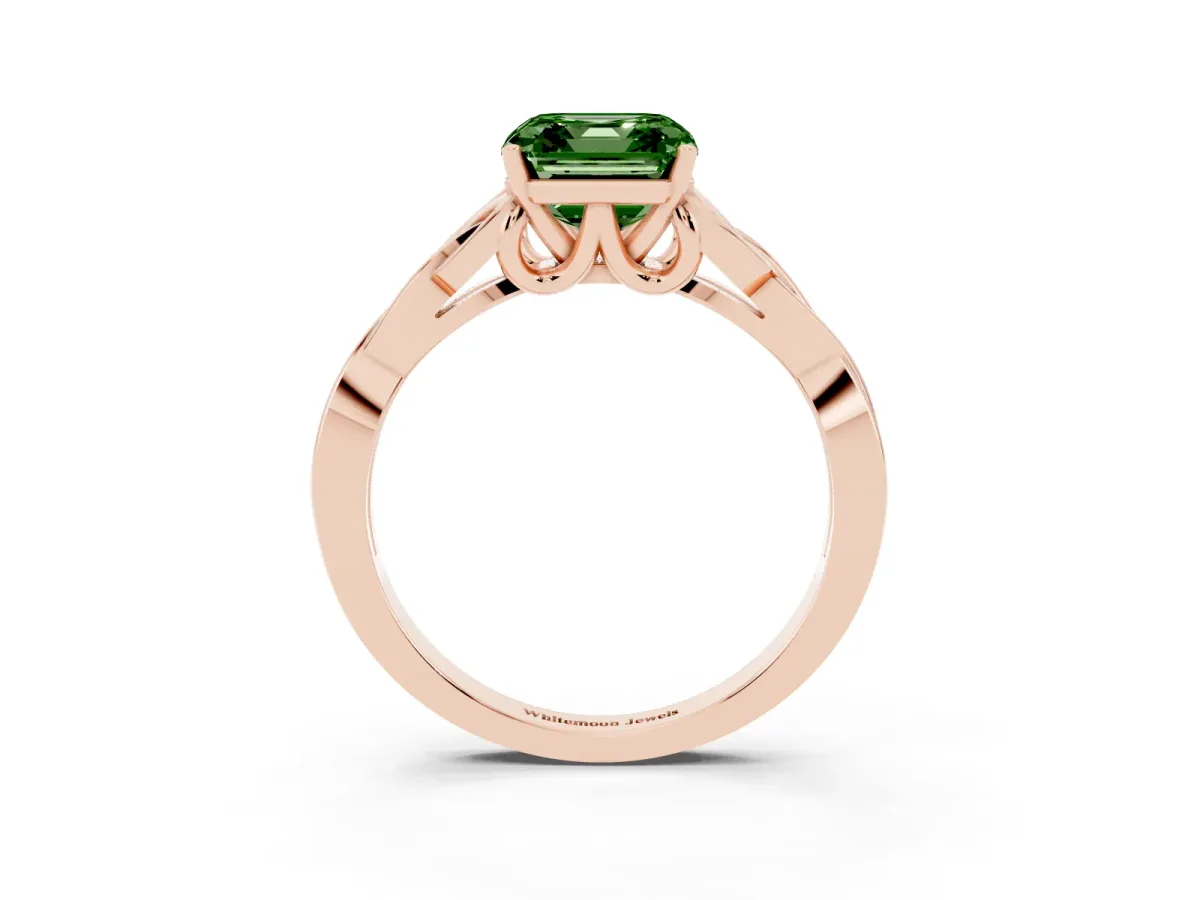 Fancy Green Asscher Cut Diamond Solitaire Engagement Ring with Celtic Knot Band and Four-Prong Setting Rose gold