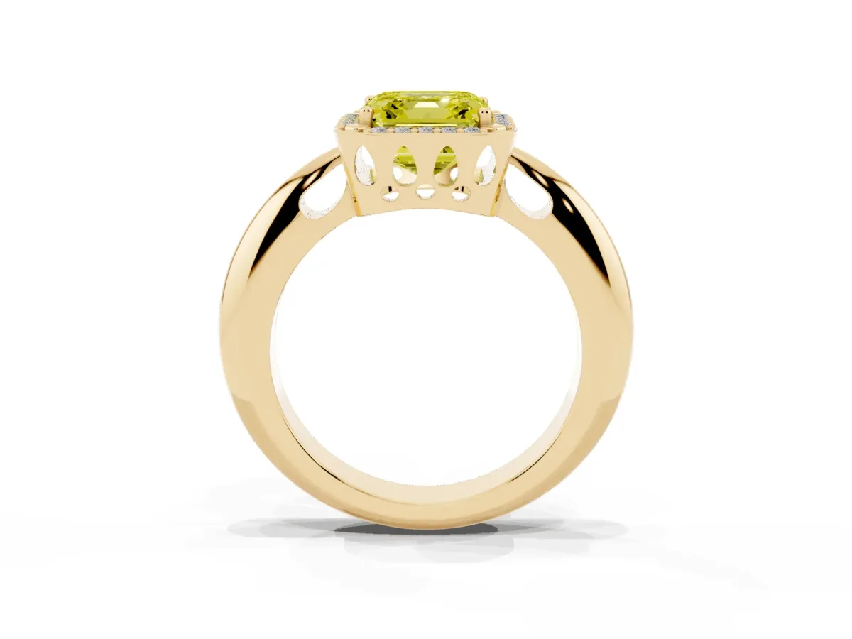 Fancy Yellow Asscher Cut Cut Diamond Halo Engagement Ring with Split Shank and Four-Prong Setting Yellow gold