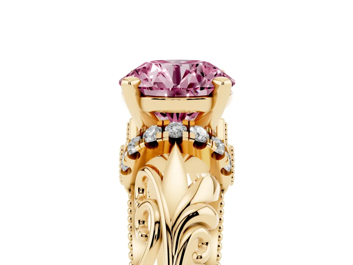 Fancy Pink Round Cut Solitaire Filigree Engagement Ring with Halo and Prong Setting Yellow gold