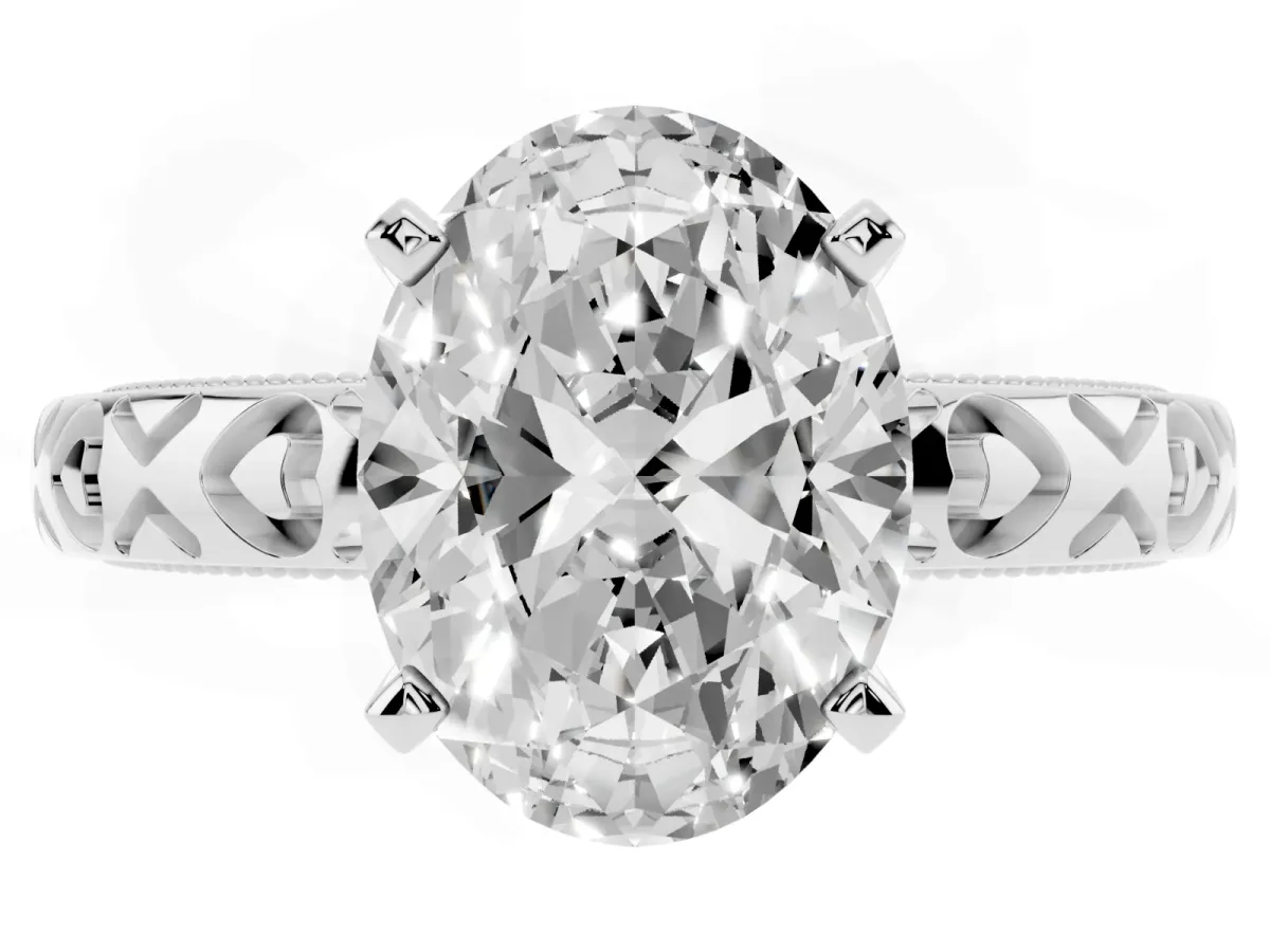 Oval Cut Solitaire Diamond Engagement Ring with XO Engraved Band and Four-Prong Setting Platinum