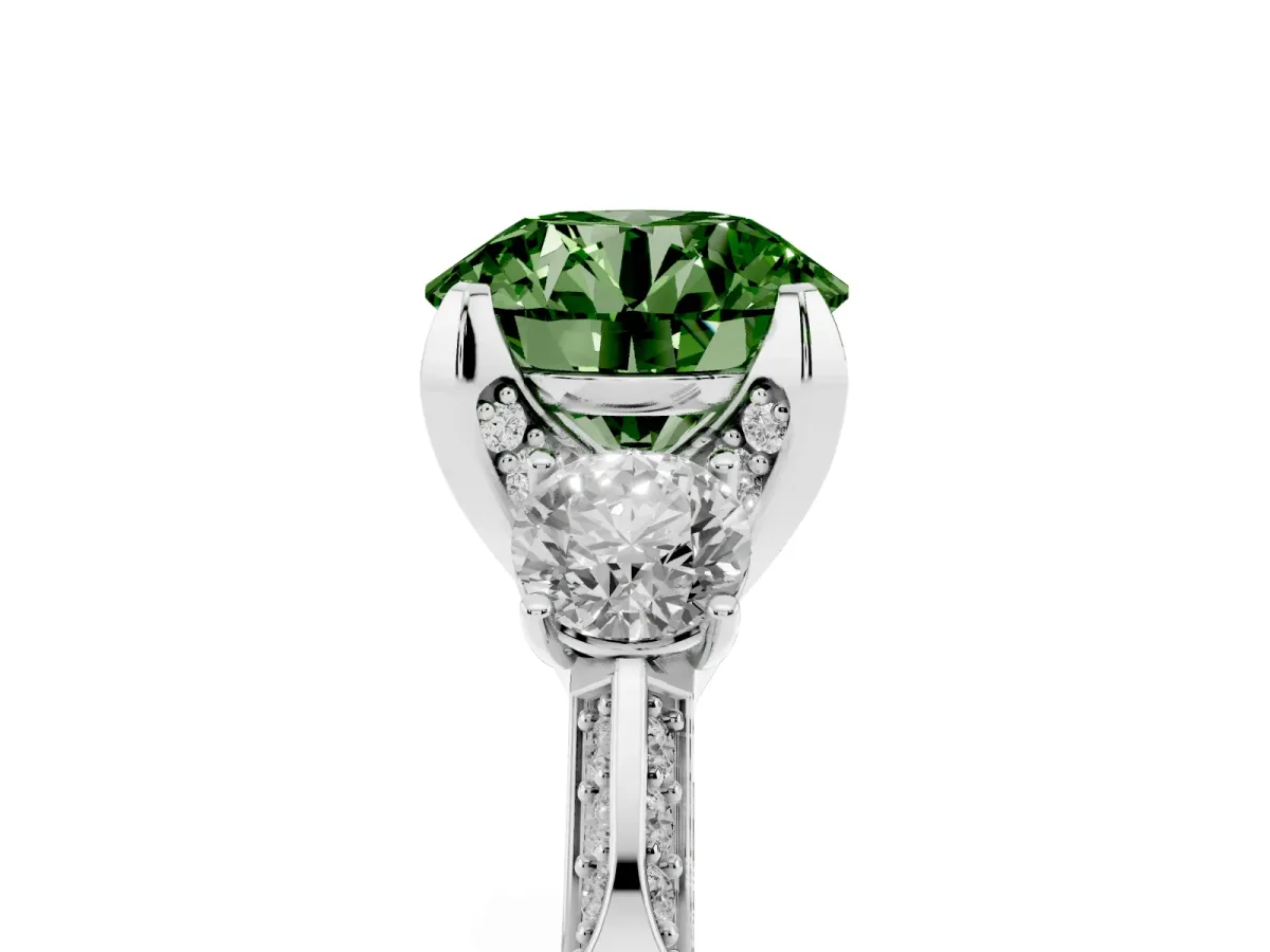 Fancy Green Round Cut Brilliant Three-Stone Diamond Ring with Pavé Band and Four-Prong Setting White gold
