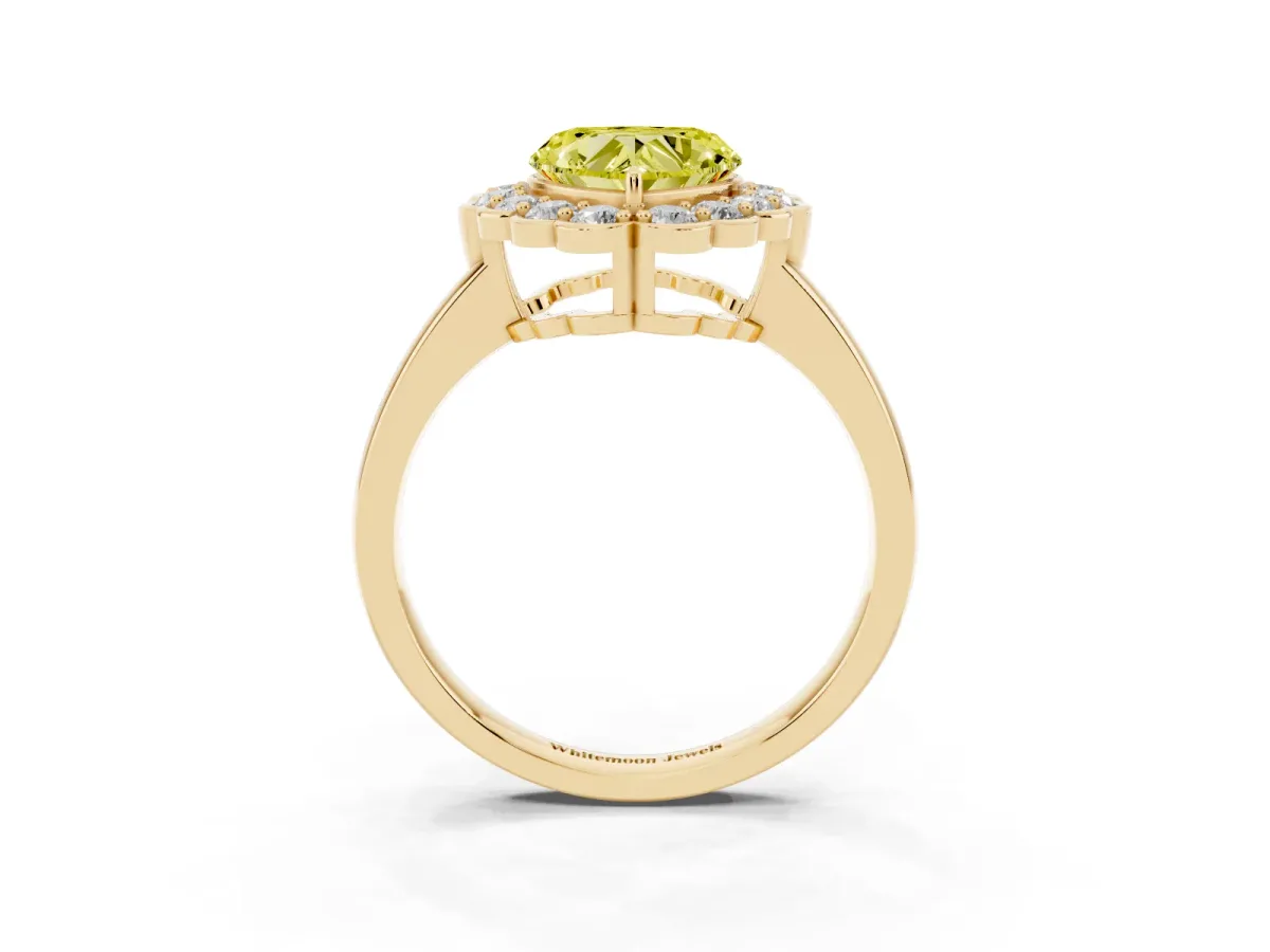Fancy Yellow Heart Cut Halo Cluster Diamond Engagement Ring with Solitaire Band and Prong Setting Yellow gold
