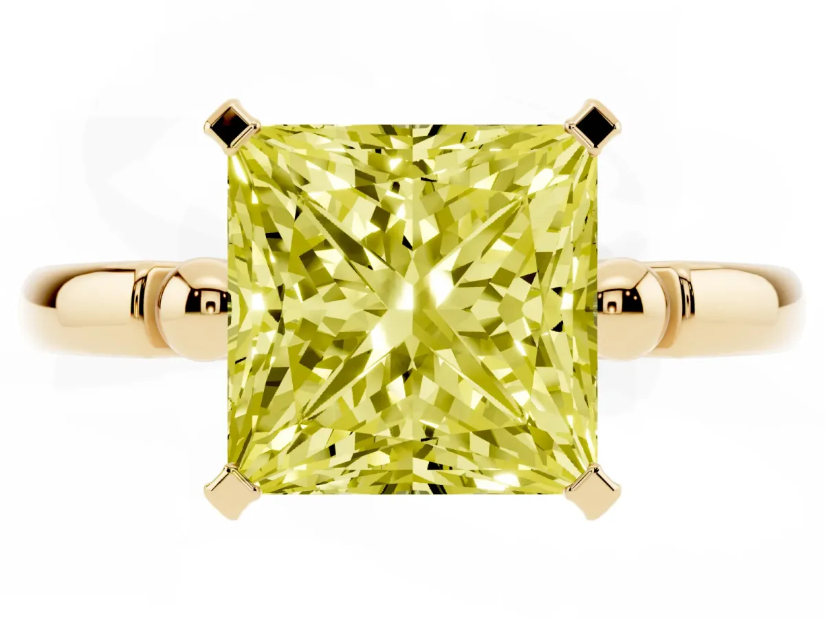 Fancy Yellow Princess Cut Solitaire Beaded Band with Four-Prong Setting Yellow gold