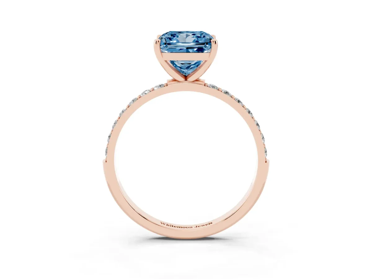 Fancy Blue Princess Cut Diamond Solitaire Ring with Round Pavé Shoulders and Prong Setting Rose gold