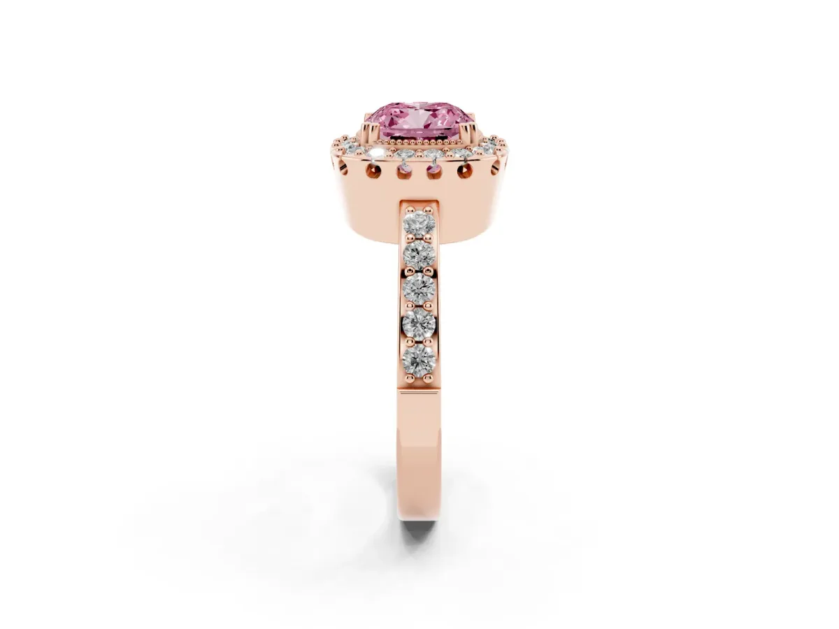 Fancy Pink Cushion Cut Diamond Halo Ring with Pavé Band and Prong Setting Rose gold