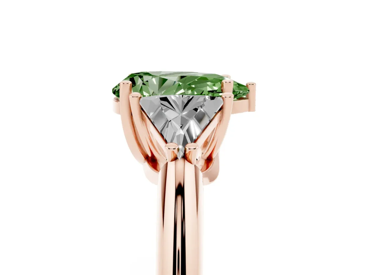 Fancy Green Three-Stone Pear Cut Diamond Engagement Ring with Trillion Side Stones and Prong Setting Rose gold