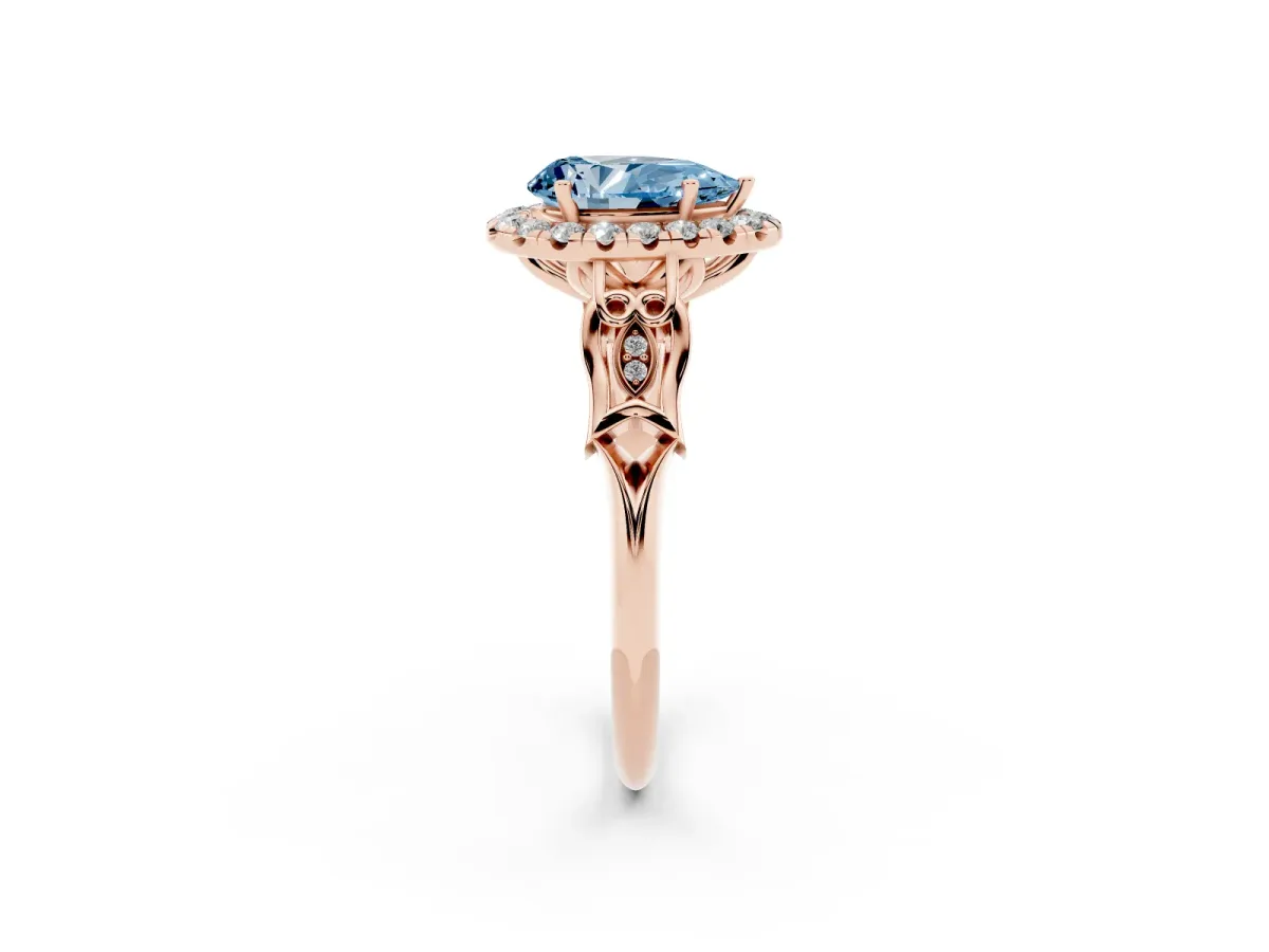 Fancy Blue Pear Cut Halo Diamond Engagement Ring with Filigree Band and Four-Prong Setting Rose gold
