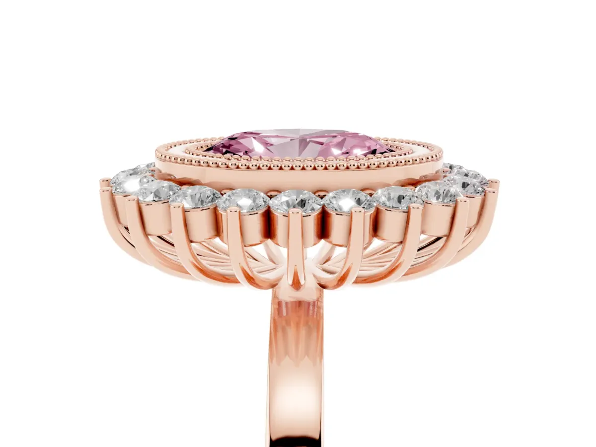 Fancy Pink Oval Cut Halo Diamond Ring with Milgrain Edge and Round Prong Setting Rose gold
