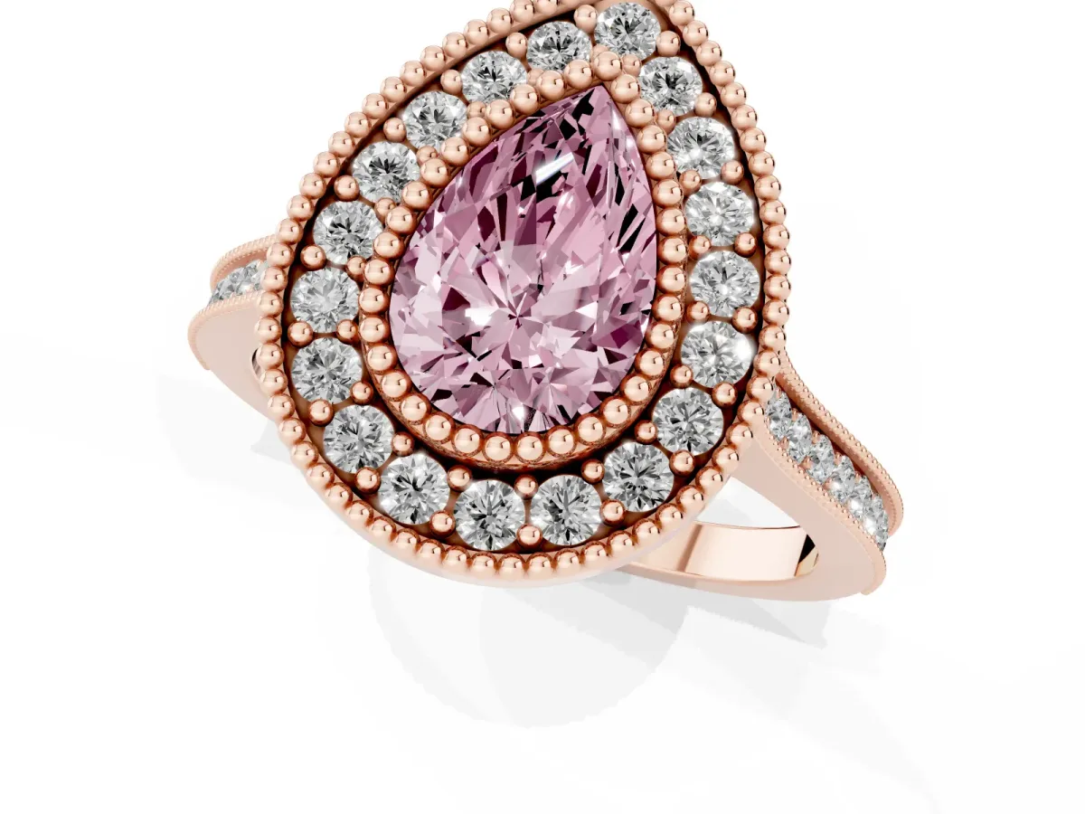 Fancy Pink Pear Cut Diamond Halo Ring with Milgrain Frame and Pavé Band Rose gold