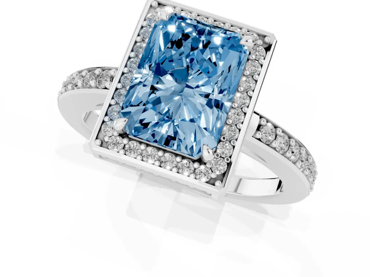 Fancy Blue Radiant Cut Halo Pave Band Solitaire Ring with Prong Setting Silver
