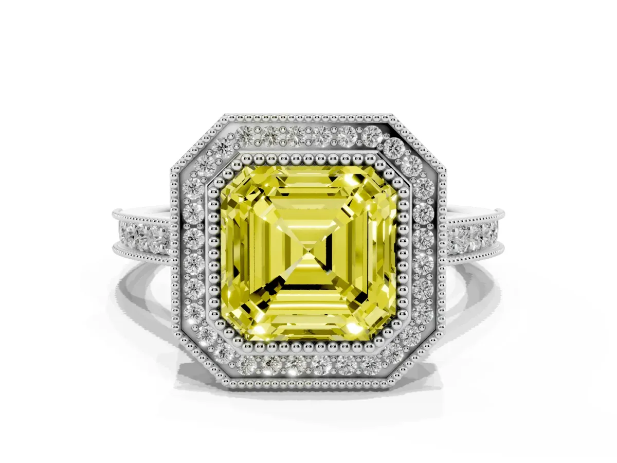 Fancy Yellow Halo Asscher Cut-Cut Diamond Pave Band Milgrain Prong Setting Ring Silver
