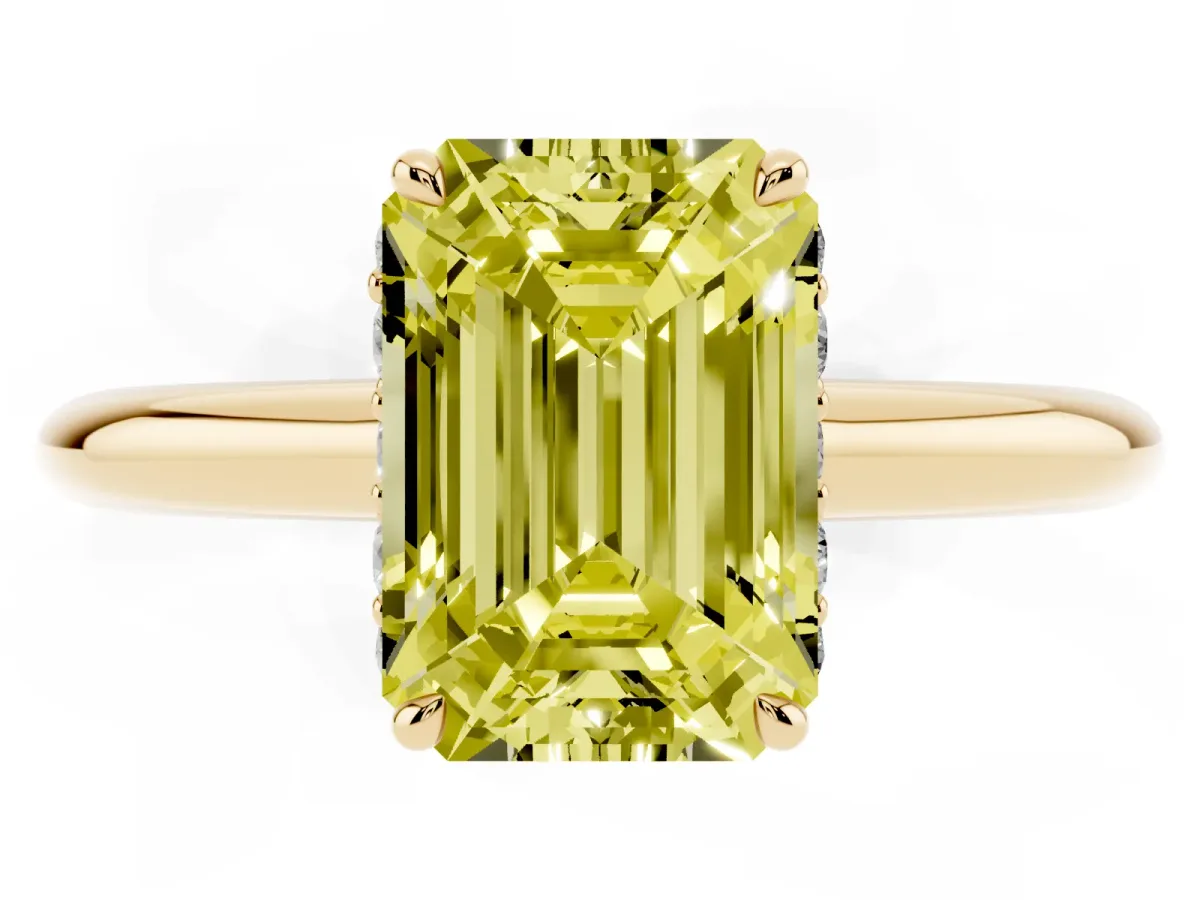 Fancy Yellow Emerald Cut Brilliant Solitaire Engagement Ring with Six-Prong Setting and Classic Band Yellow gold