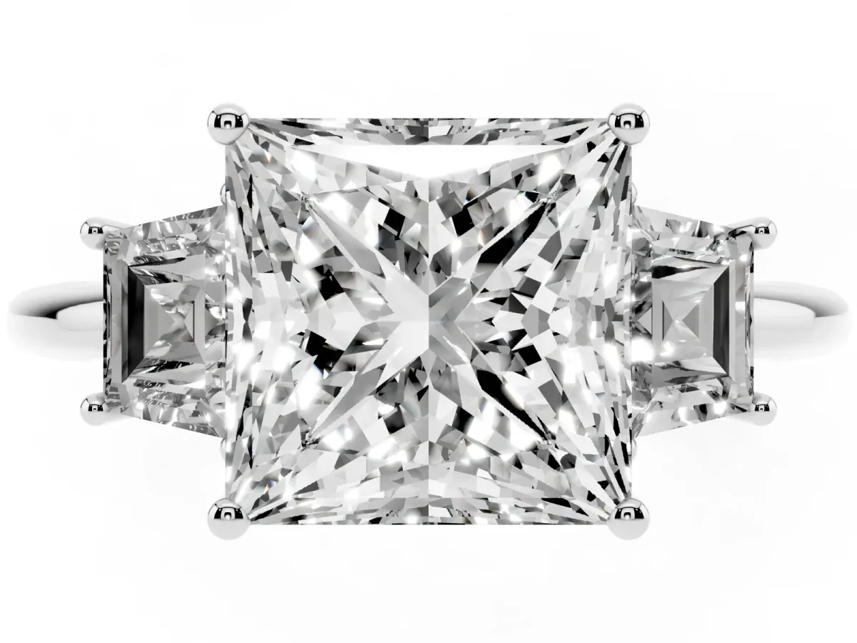 Princess Cut Diamond Three-Stone Ring with Trapezoid Side Stones and Prong Setting Platinum