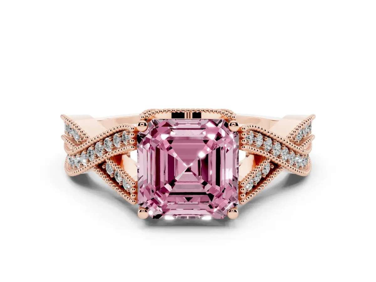Fancy Pink Asscher Cut Cut Diamond Twisted Band with Milgrain Pave Setting and Four-Prong Setting Rose gold