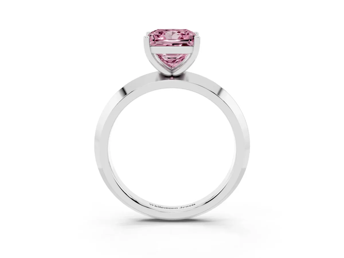 Fancy Pink Princess Cut Cut Solitaire Engagement Ring with Flat Band and Four-Prong Setting Silver