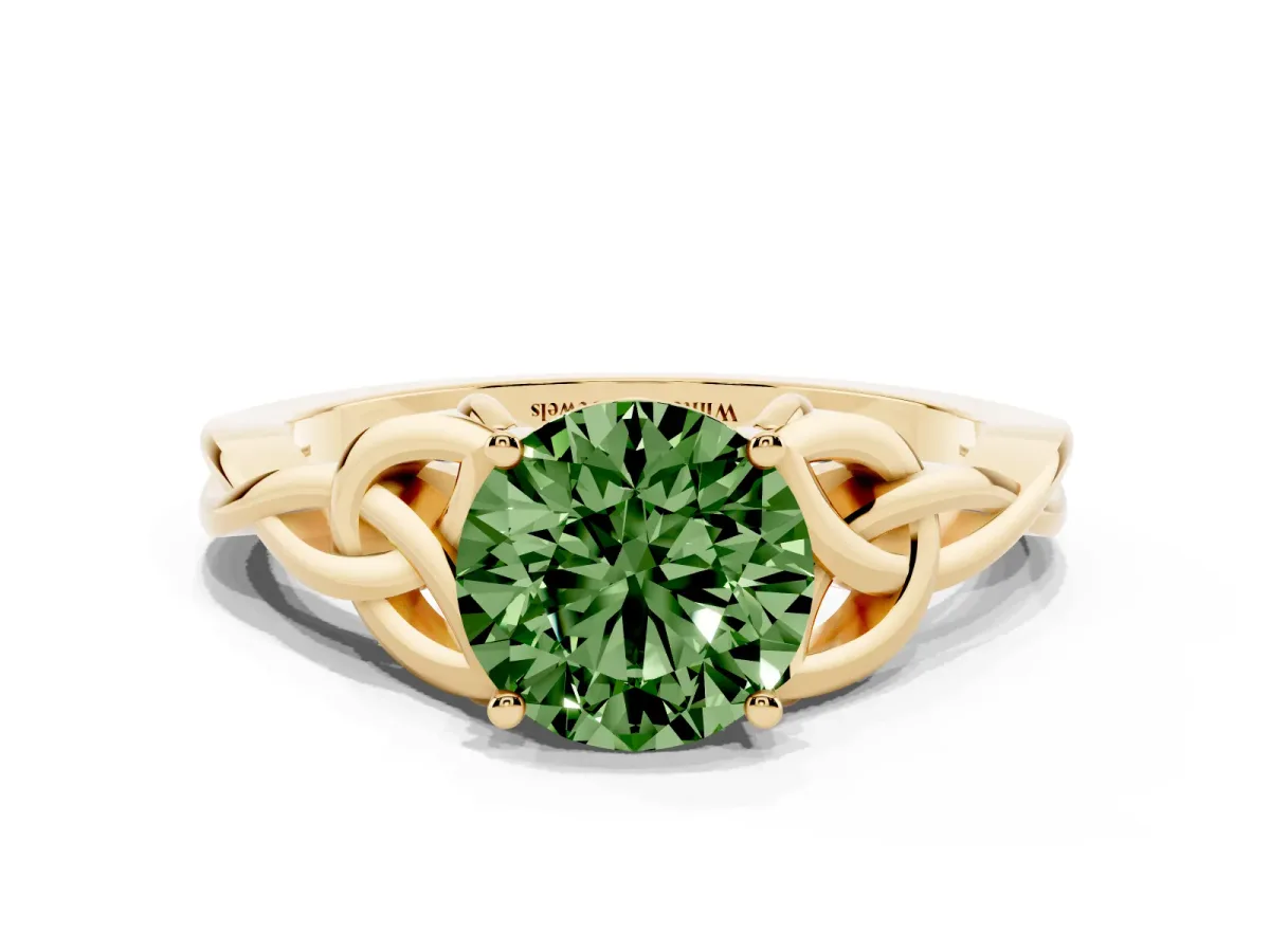 Fancy Green Round Cut Diamond Solitaire Engagement Ring with Celtic Knot Band and Four-Prong Setting Yellow gold