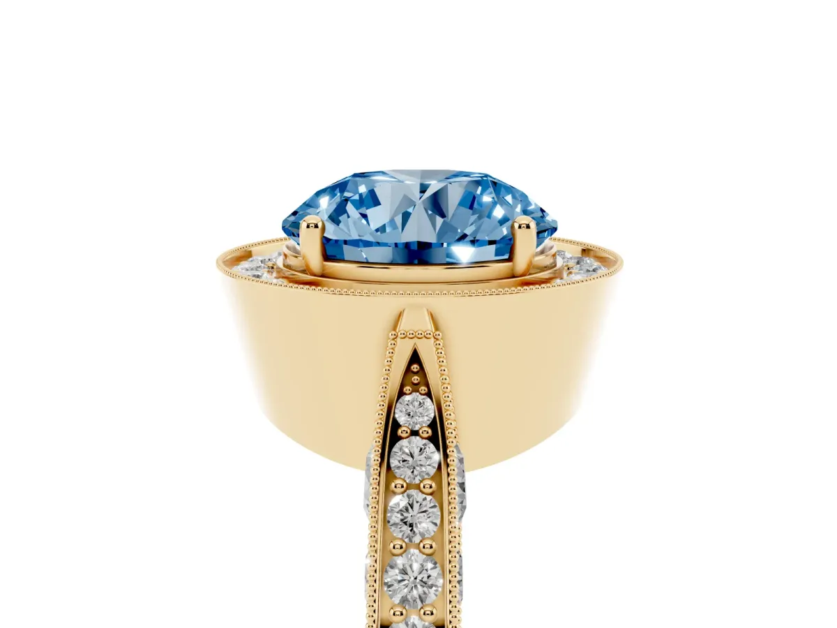 Fancy Blue Round Cut Halo Diamond Engagement Ring with Split Shank Band and Four-Prong Setting Yellow gold