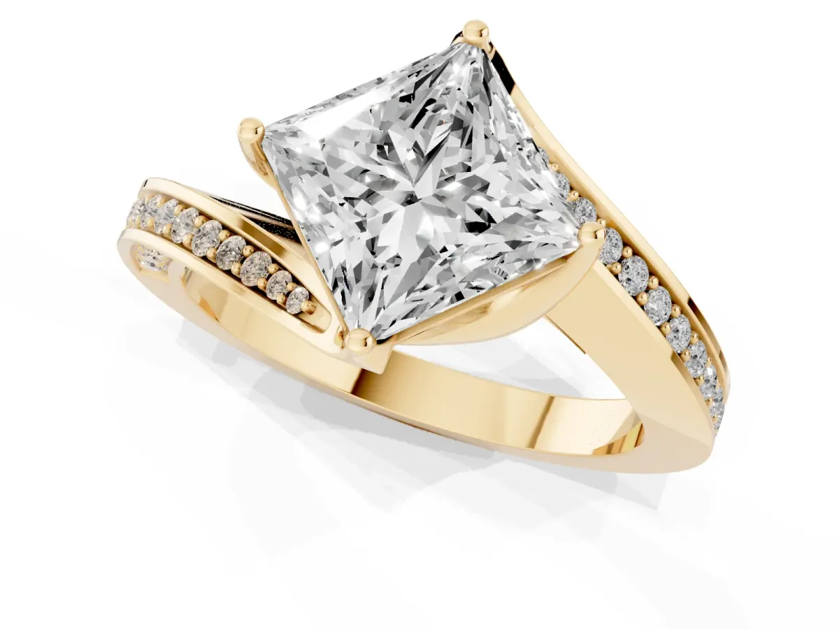 Princess Cut Solitaire Diamond Twist Band with Pavé Setting and Four-Prong Setting Yellow gold